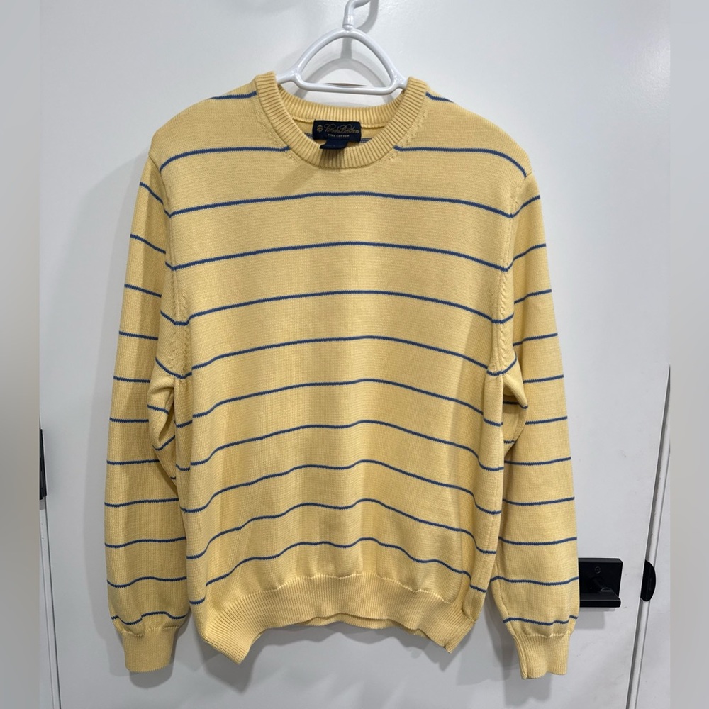 Brooks Brothers Pima Collection 100% cotton Men’s Sweater Yellow Blue Stripe Lg